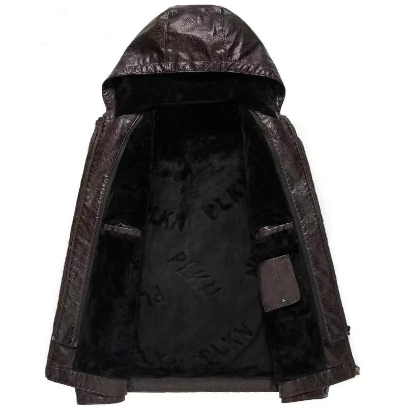 Повседневное ветрозащитное и теплое зимнее кожаное пальто с капюшоном флисовая