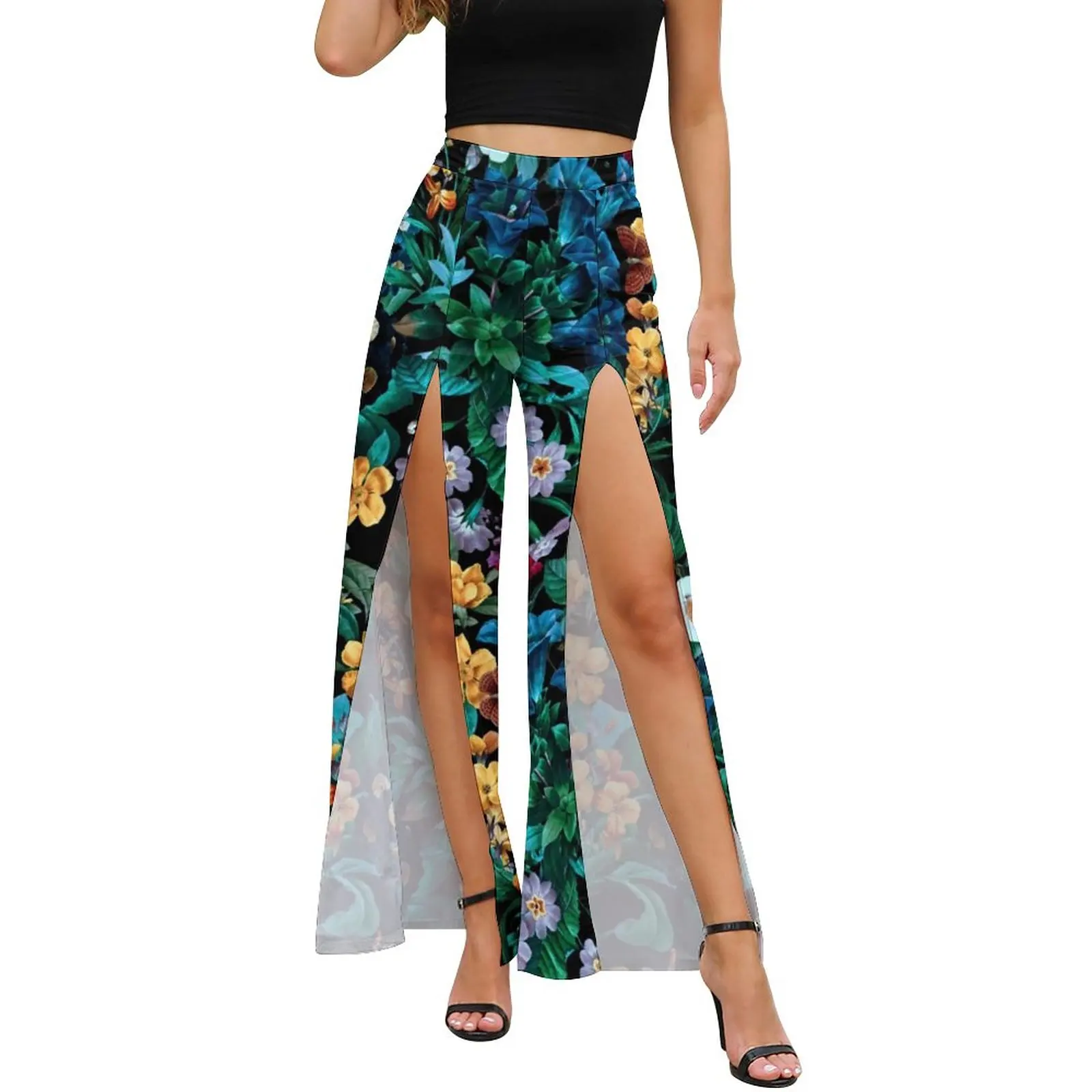 

Tropical Floral Print Pants Woman Midnight Garden Streetwear Print Trousers Summer Front Slit Kawaii Wide Pants Birthday Gift