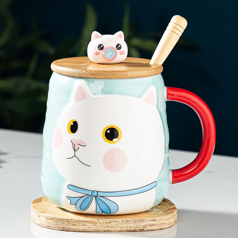 

450 мл керамическая кружка с милым котом, кофейные чашки, кружка с крышкой, индивидуальный подарок, домашние Мультяшные милые детские молочные кружки для завтрака, овса