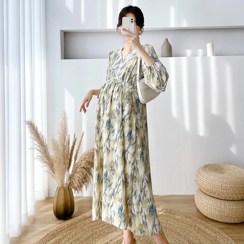 

High Quality Floral Maternity Dresses Summer Loose Pregnancy Dress With Belt Short-Sleeve Maternity Dress Pregnant Women Clothes