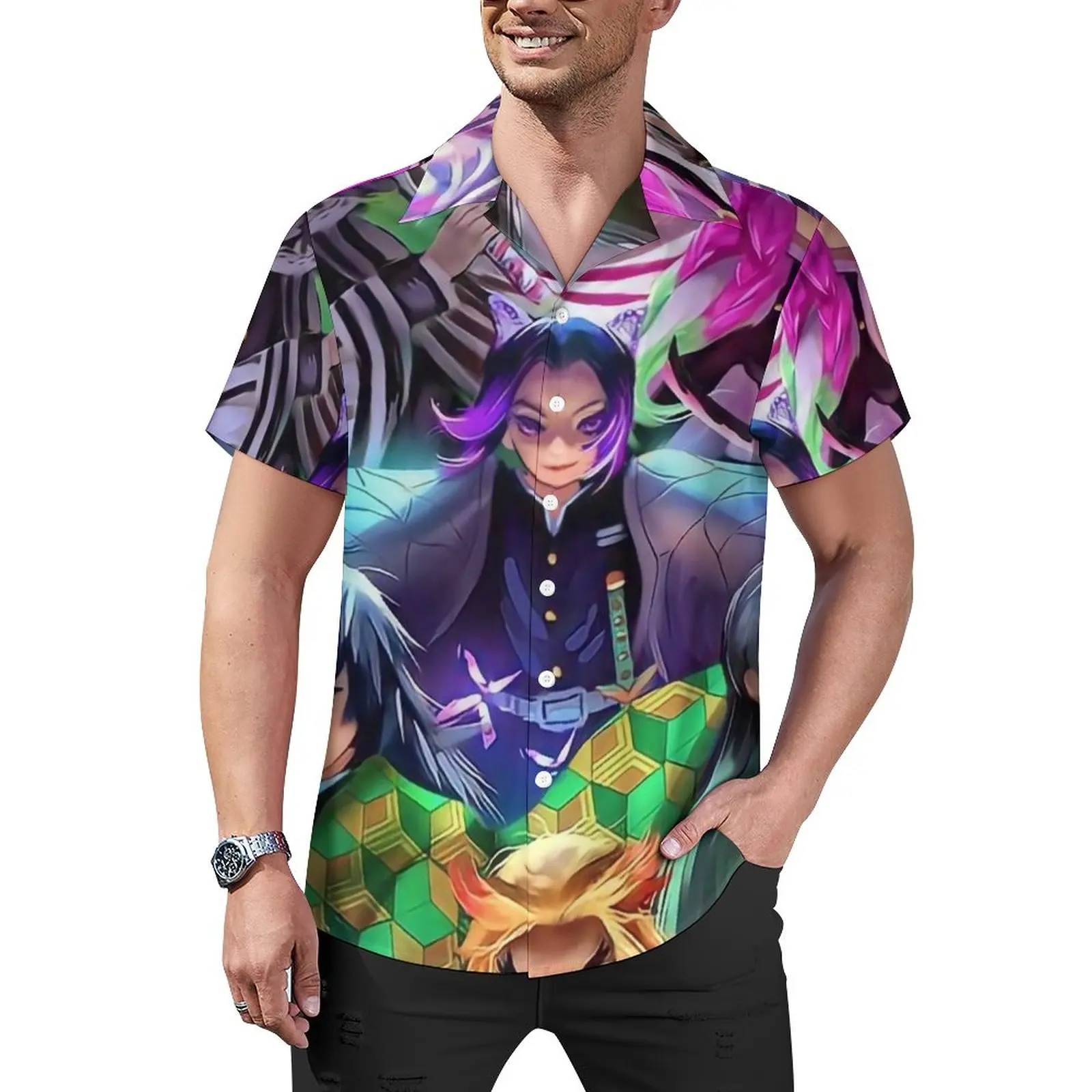 

Пляжная рубашка с принтом «рассекающий демонов», забавные Гавайские повседневные рубашки в стиле аниме, мужские блузки Y2K, одежда на заказ с коротким рукавом, женская одежда 3XL, 4XL