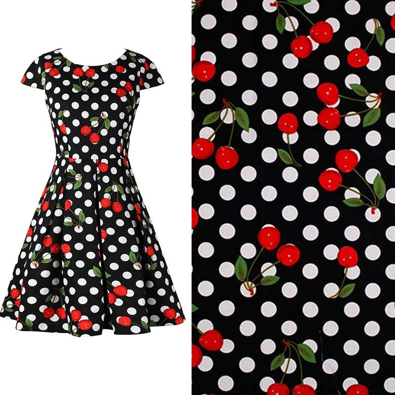 

Handmade fabric with black and white background and large wave dot red cherry cotton printing