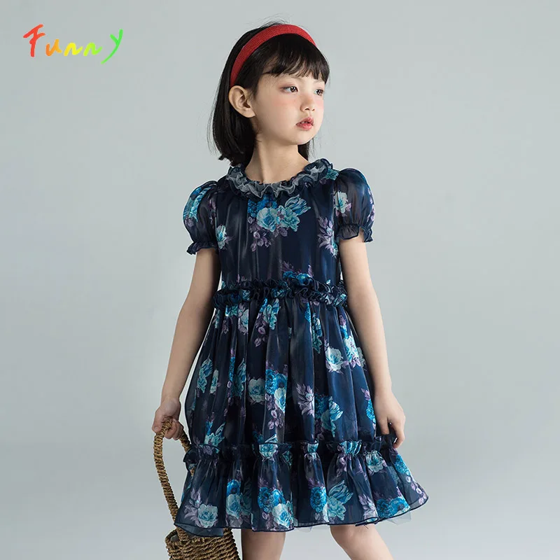 

Летние платья для девочек с цветочным принтом 2022, винтажное платье из вуали с оборками и пышными рукавами, детская одежда