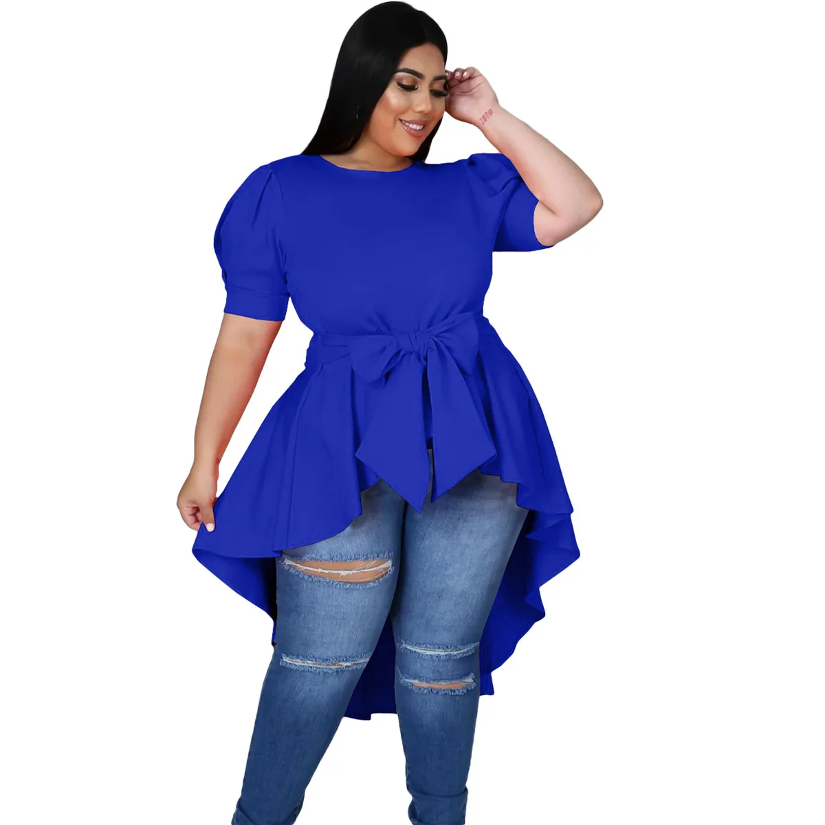 Women's Plus Size Dresses Fashion Bow Irregular Dress Elegant Solid Color Large Size Female Short Sleeve T-shirt Casual Commuter