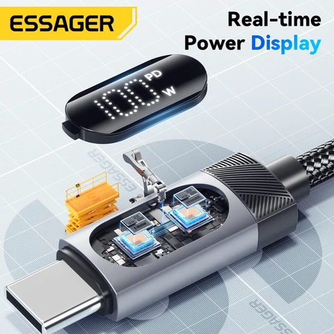 Кабель Essager Digital Dispaly USB C для iPhone 16 15 Xiaomi Huawei 100 Вт PD Быстрая зарядка для Macbook iPad Кабель типа C к типу C