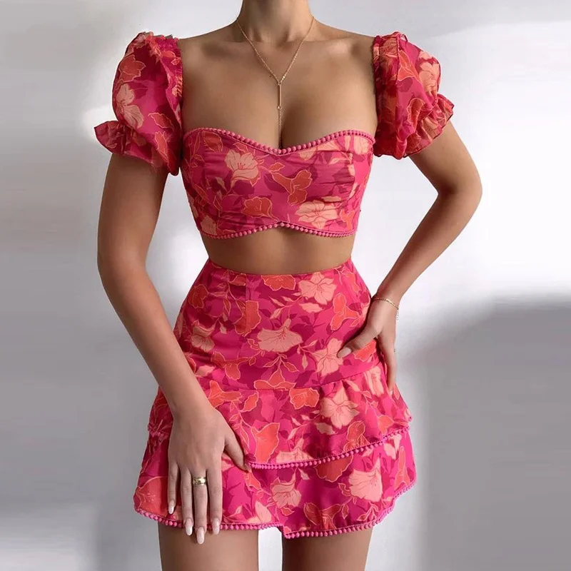 

Sexy 2 Piece Floral Print Short Sleeve Crop Top Ruffle Skirt Suit Women Summer Low Cut Slim Mini Skirts Ladies Elegant Set 2022
