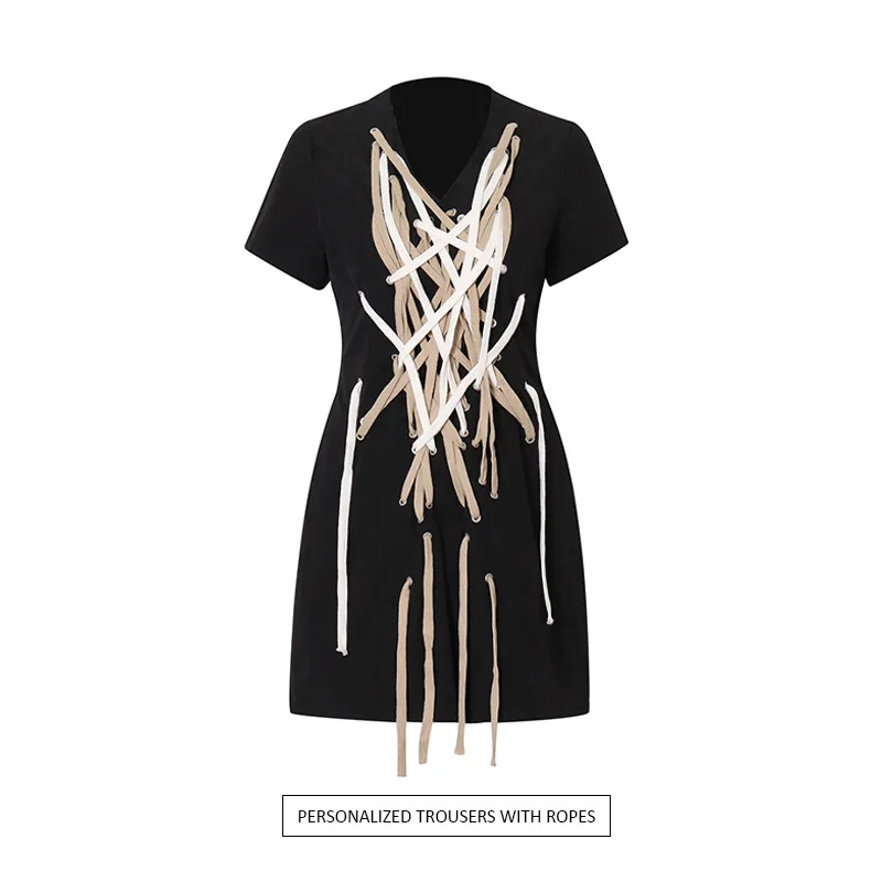 

Новинка весны 2023, плетеное облегающее платье средней длины с перекрестными шнуровками и контролируемой талией для женщин в темном стиле