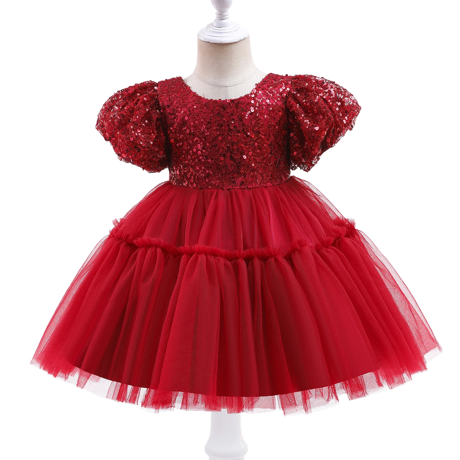 Pink Sequin Toddler Kids Birthday Dresses for Girls Puff Sleeve Newborn Baby Baptism Princess Gown Wedding Party Formal Dress