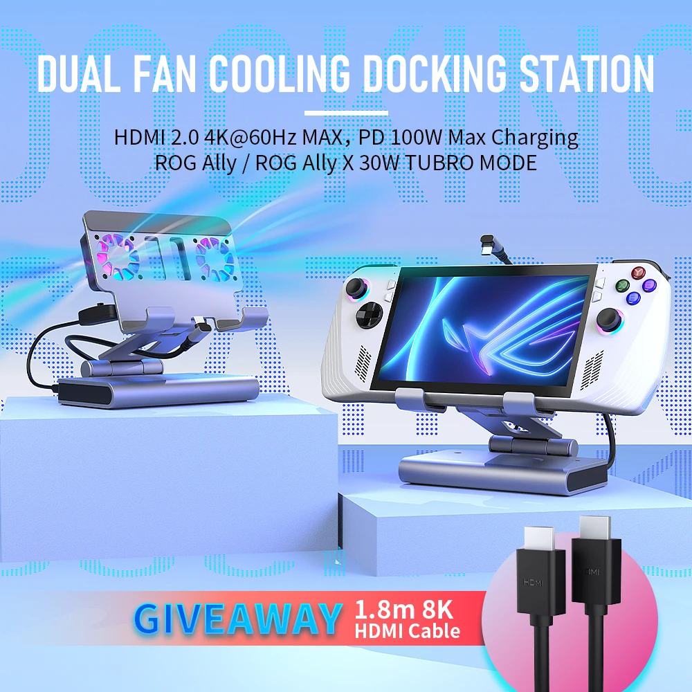Фото Док-станция с двумя вентиляторами RGB для игровой консоли ROG ALLY SteamDeck AOKZOE OneXPlayer, док-станция с регулируемой высотой, кронштейн для док-станции 4K 60 Гц №1