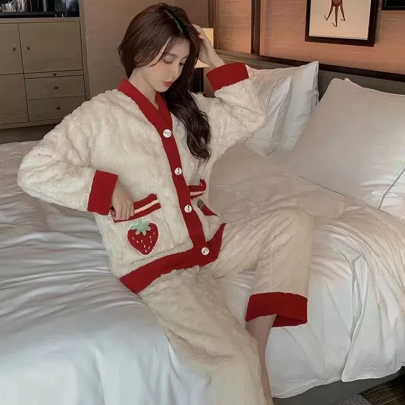 Autumn Winter Warm Flannel Women Pyjamas Sets Thick Long Sleeve Sleepwear Pajamas Set Long Sleeve Pockets Ladies Pyjama