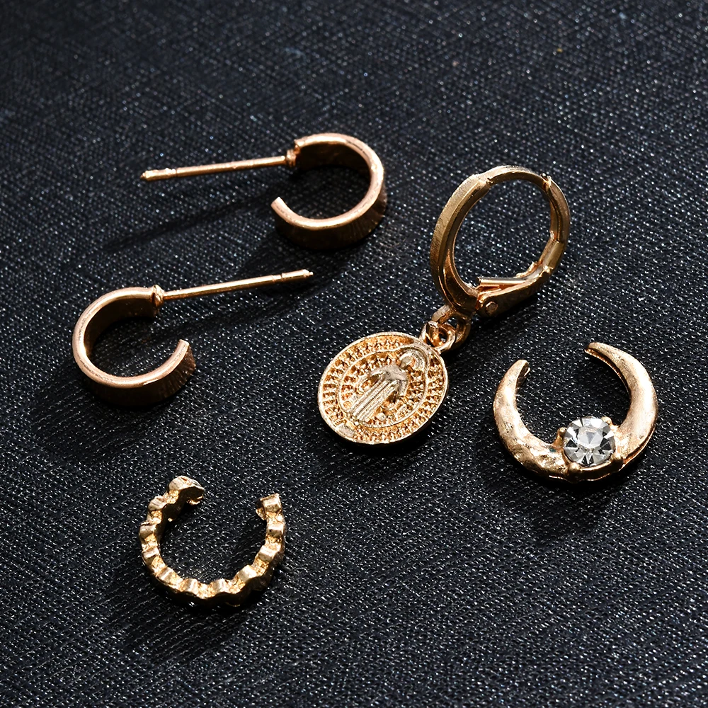 

5pcs Fashion Hoop Earrings Set For Women Gold Circle Hoop Holy Jesus Pendant Earrings Shiny Rhinestone 2022 Trend Jewelry Gift