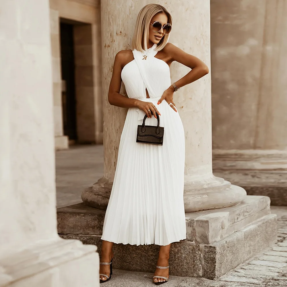 

Summer 2022 new sexy temperament design cross chest pleated dress chiffon dress for women Female dress