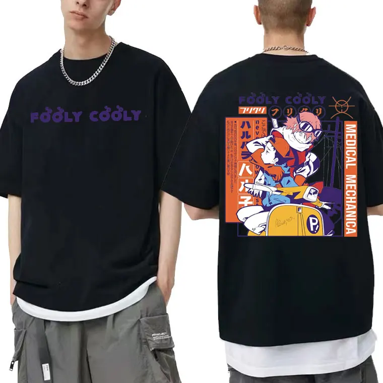 

Anime Fooly Cooly Double Sided Print T-shirt Flcl Haruko Vespa Black T Shirt Men Women Cartoon Animation Manga Loose Cotton Tees