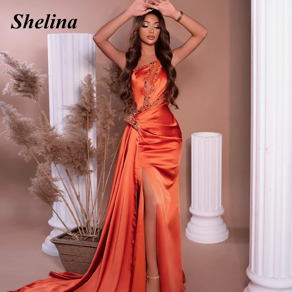 

Shelina Attractive Mermaid Graduation Dress One-Shoulder Crystal Pleat Split Sweep Train 2024 Vestidos De Baile Made To Order