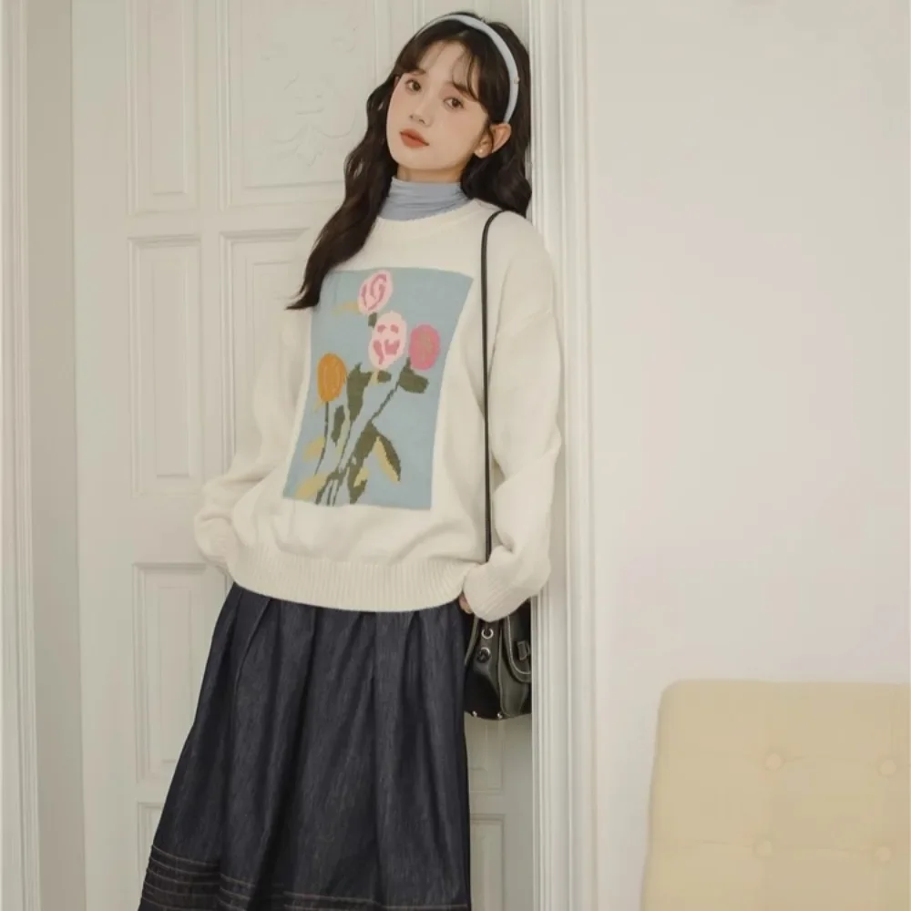 Женские пуловеры вязаные с цветочным принтом милые нежные свободные