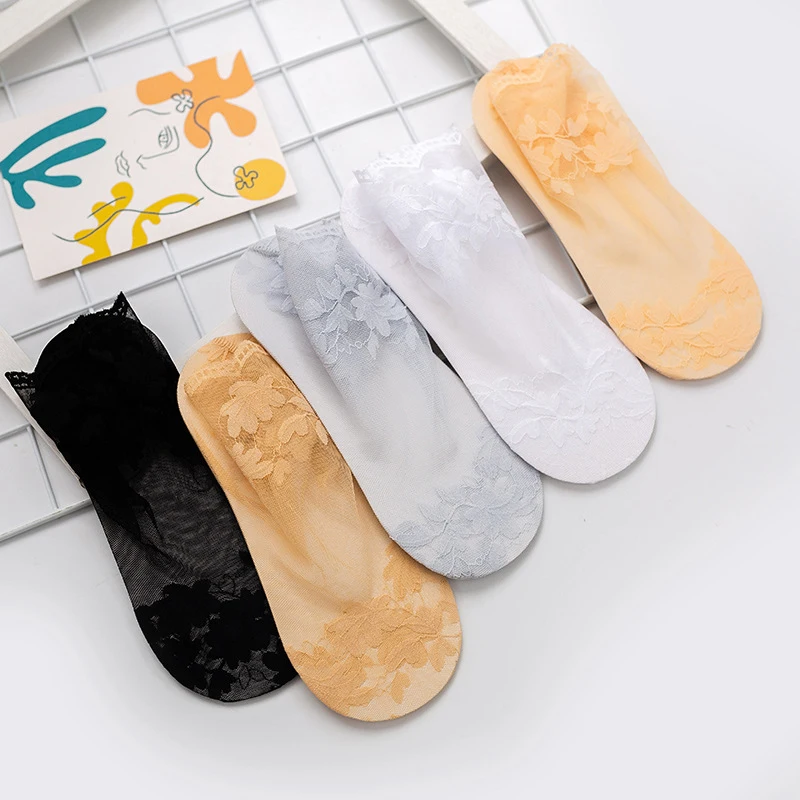 Ankle Socks Lace Boat Focks Short Socks Women Breathable Thin Floral Lace Summer Sexy Antiskid Non-slip Invisible Elastic Comfy