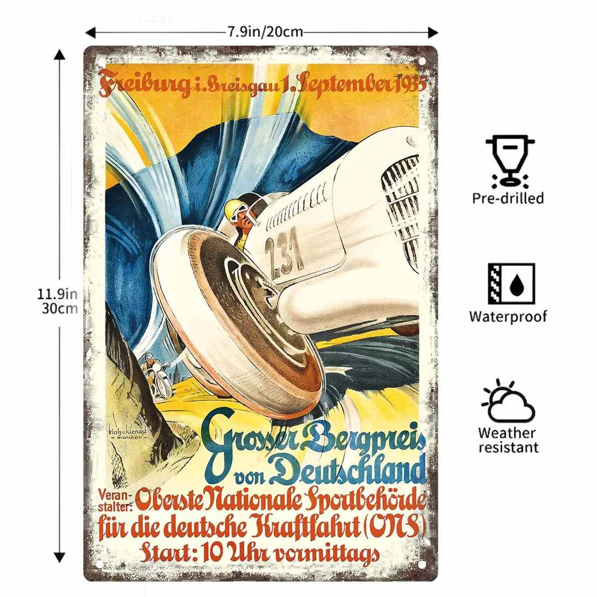 Фото 2D плоская металлическая табличка (1 шт.) «Винтажный немецкий гоночный плакат с гоночным автомобилем и гонщиком» для дома, гаража, веранды и сада №2