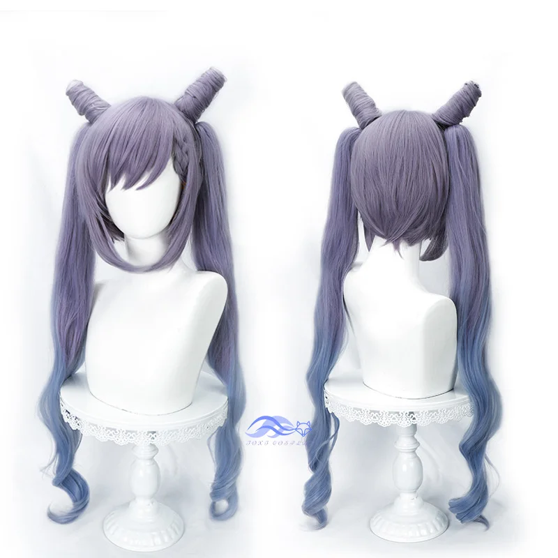 

Adventure Game Genshin Impact Wig Keqing Cosplay Purple Long Curly Ponytails Ears Horns Pigtails Halloween Free Wig Cap