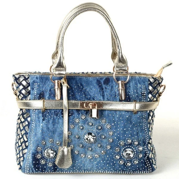 

New in Womens Handbag Large Shoulder Bag Patchwork Jean Style and Denim Diamond Decoration Designer Tote Bag