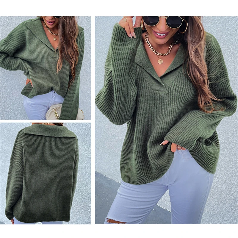 

Knitwear Woman 2022 Autumn Winter New Women's Sweaters Fashion Streetwear Turn Down Collar Knitted Tops Casual Baggy Pullover