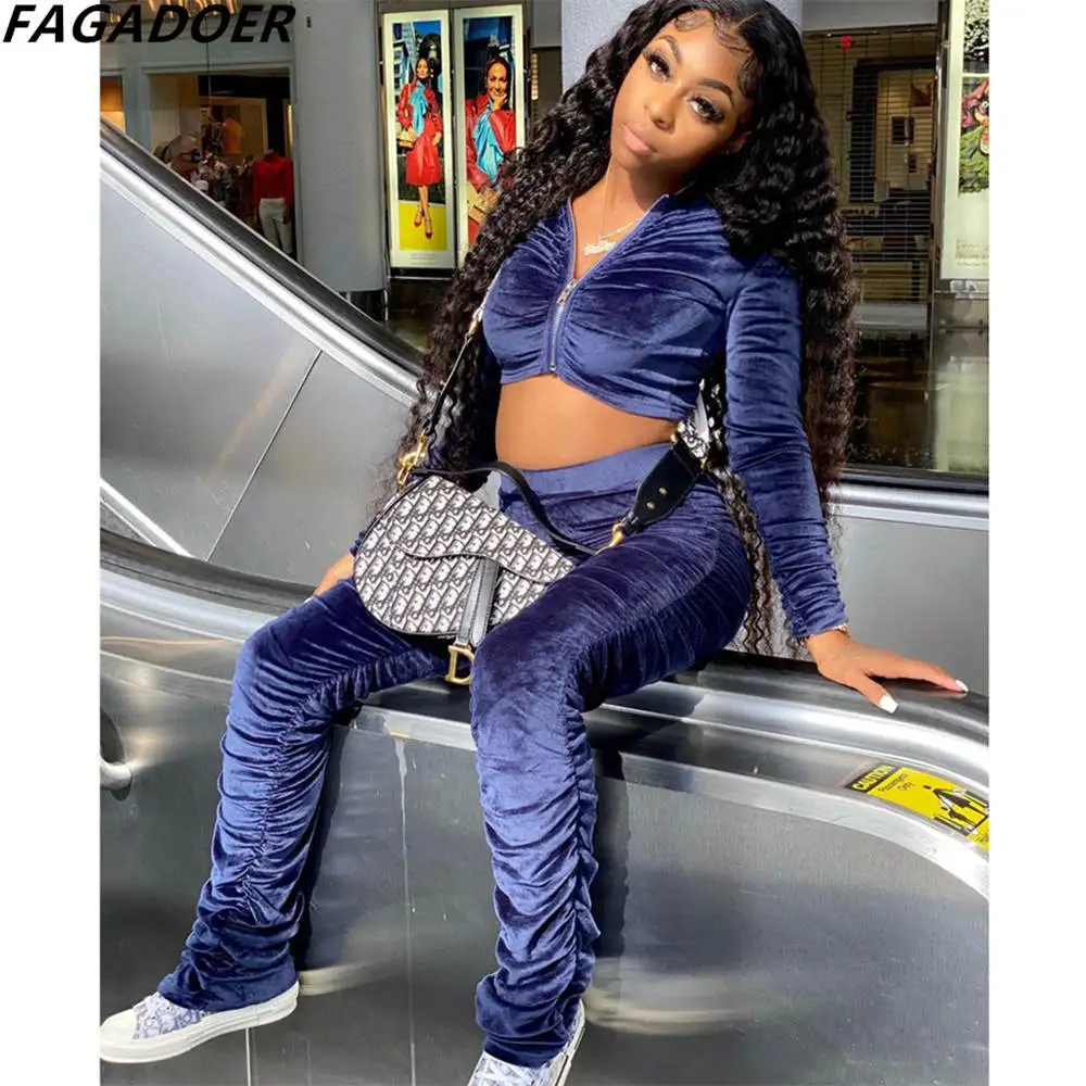 

FAGADOER Velvet Fall Winter Women Tracksuits Casual Zipper Long Sleeve Crop Top And Stacked Pants Two Piece Sets Outfits 2022