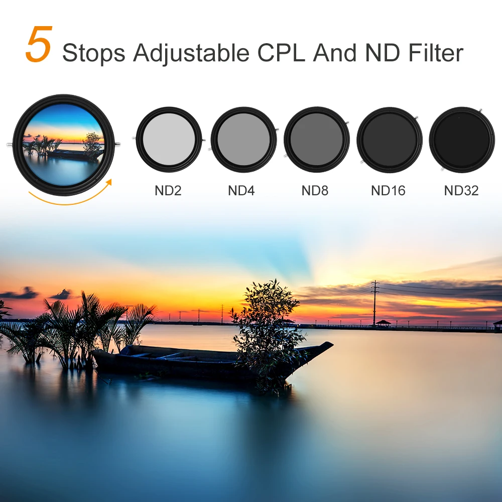K&ampF Concept 2in1 Variable ND Filter+CPL Circular Polarizing Filter 49/52/55/58/62/67/72/77/82mm ND2-ND32 No X Spot Camera Lens |