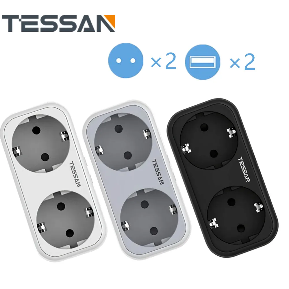 

TESSAN European Plug Outlet Extender Power Strip with 2 EU Sockets and 2 USB Charging Ports(5V 2.4A), Wall Socket Travel Adapter