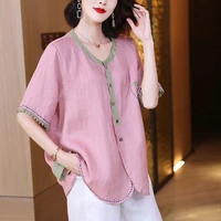 lace patchwork cotton linen shirt summer fall fashion clothes vintage solid pink button up women shirts short sleeve loose tops