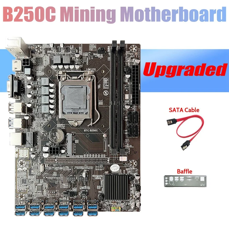 B250C ETH Miner Motherboard+Baffle+SATA Cable 12 PCIE To USB3.0 Graphics Card Slot LGA1151 DDR4 For BTC Mining