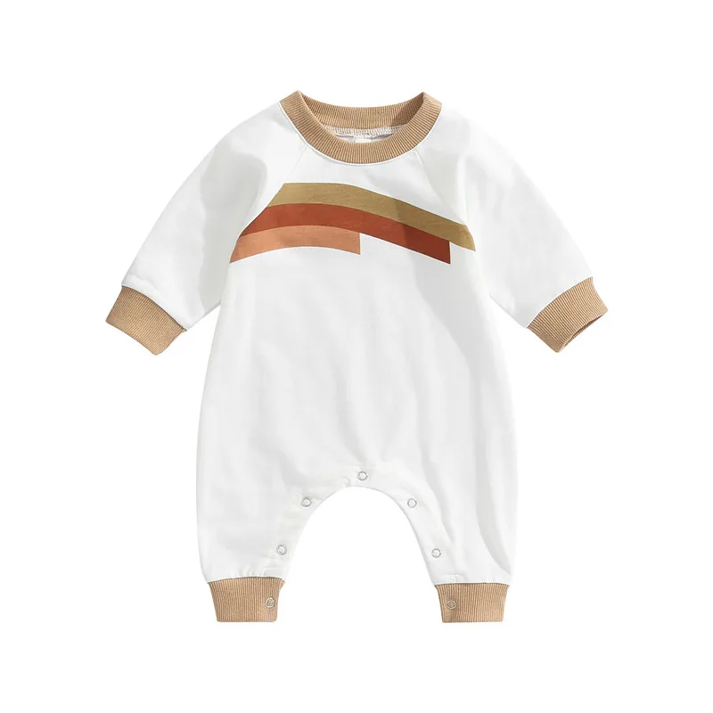 

Newborn Baby Cute Romper 0-18 Month Infants Rainbow Stripe Print Long Sleeves Crew Neck Casual Jumpsuit Fall Clothes Girls Boys