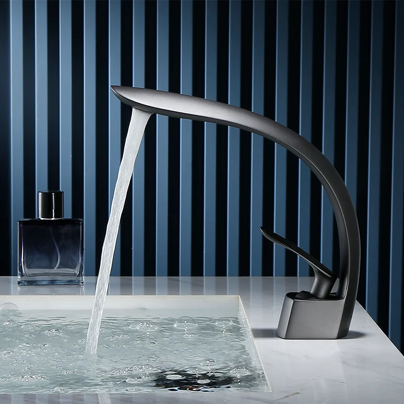 

Tuqiu Basin Faucet Grey/Black Bathroom Mixer Tap Brushed Gold Wash basin Faucet Single Handle Hot and Cold Waterfall Faucet