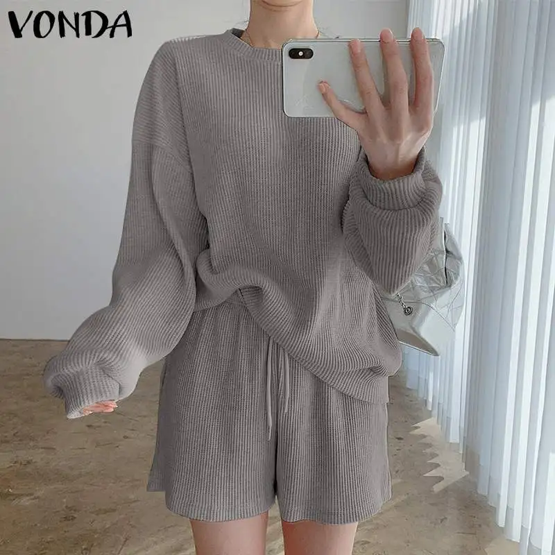 

Женские осенние комплекты из 2 предметов, свитшоты с короткими штанами VONDA, дамские шорты с эластичным поясом, домашняя одежда с длинным рука...