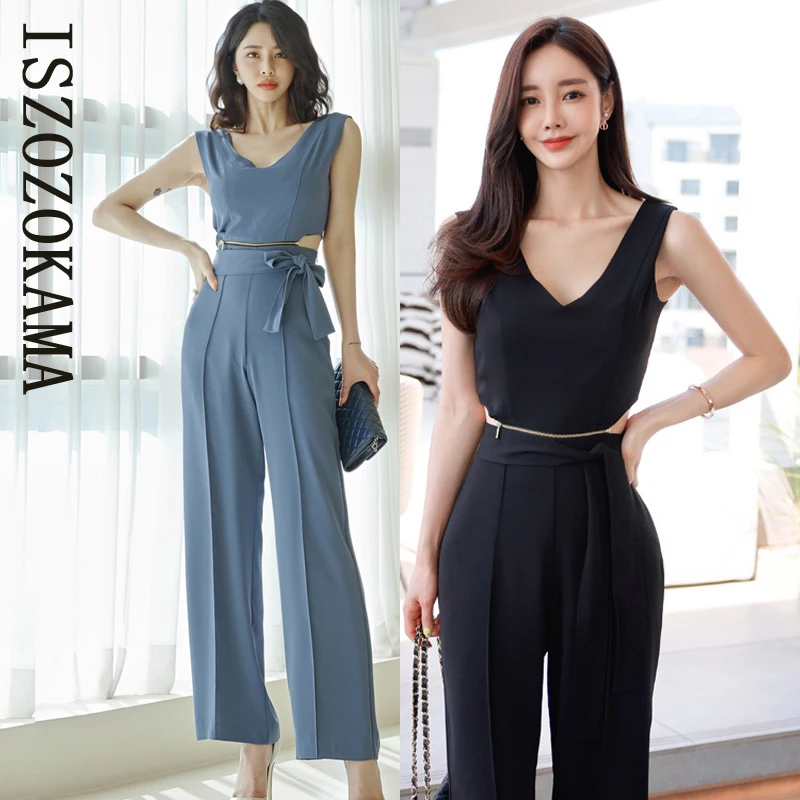 

ISZOZOKAMA 2 piece set korean ladies summer sleeveless tops and long pants formal suit for women