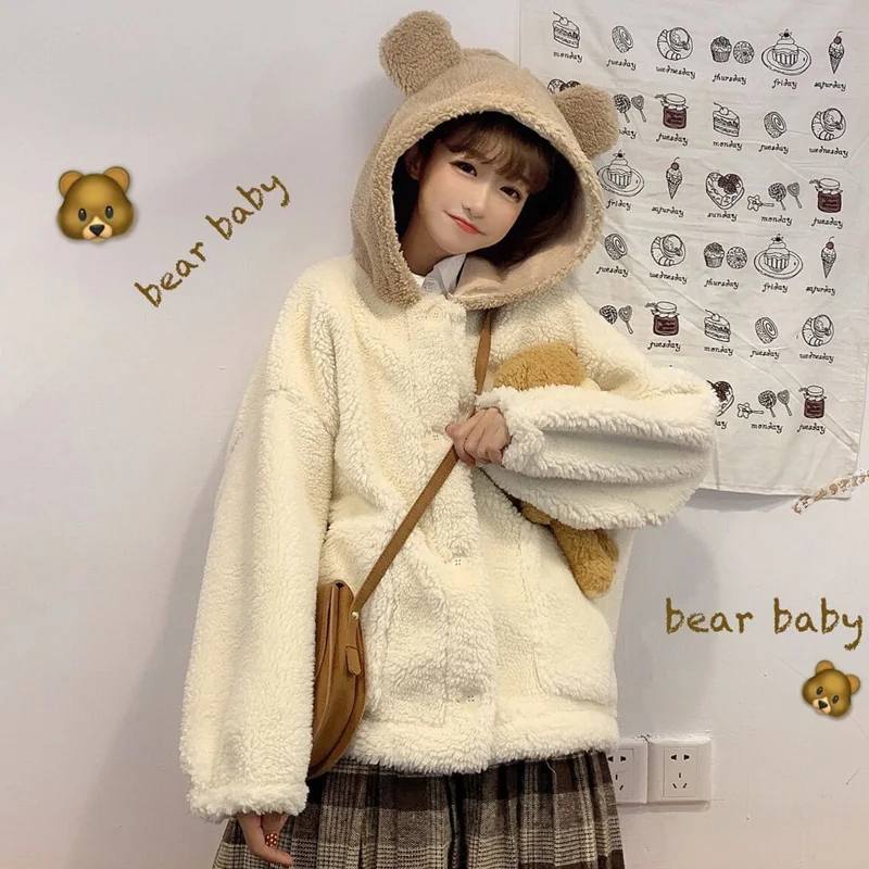 

Winter Jacket Kawaii Little Bear Ears Hooded Lambswool Coats Cute Girl Full Sleeve Single-Breasted Lolita Outweare For Women Y2k
