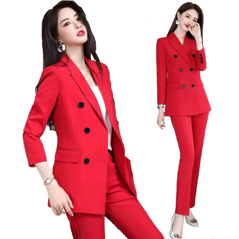 

Red Suits Women 2022 New High End Professional Temperament Fashion Formal Slim Blazer And Pants Office Ladies Work Wear