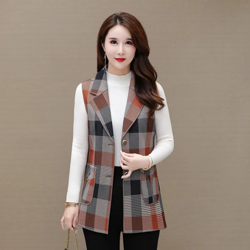 

#0780 Spring Plaid Vest Women Outerwear Middle Old Aged Ladies Vest Waistcoat Slim Sleeveless Jacket Ladies Vest Coat Vintage