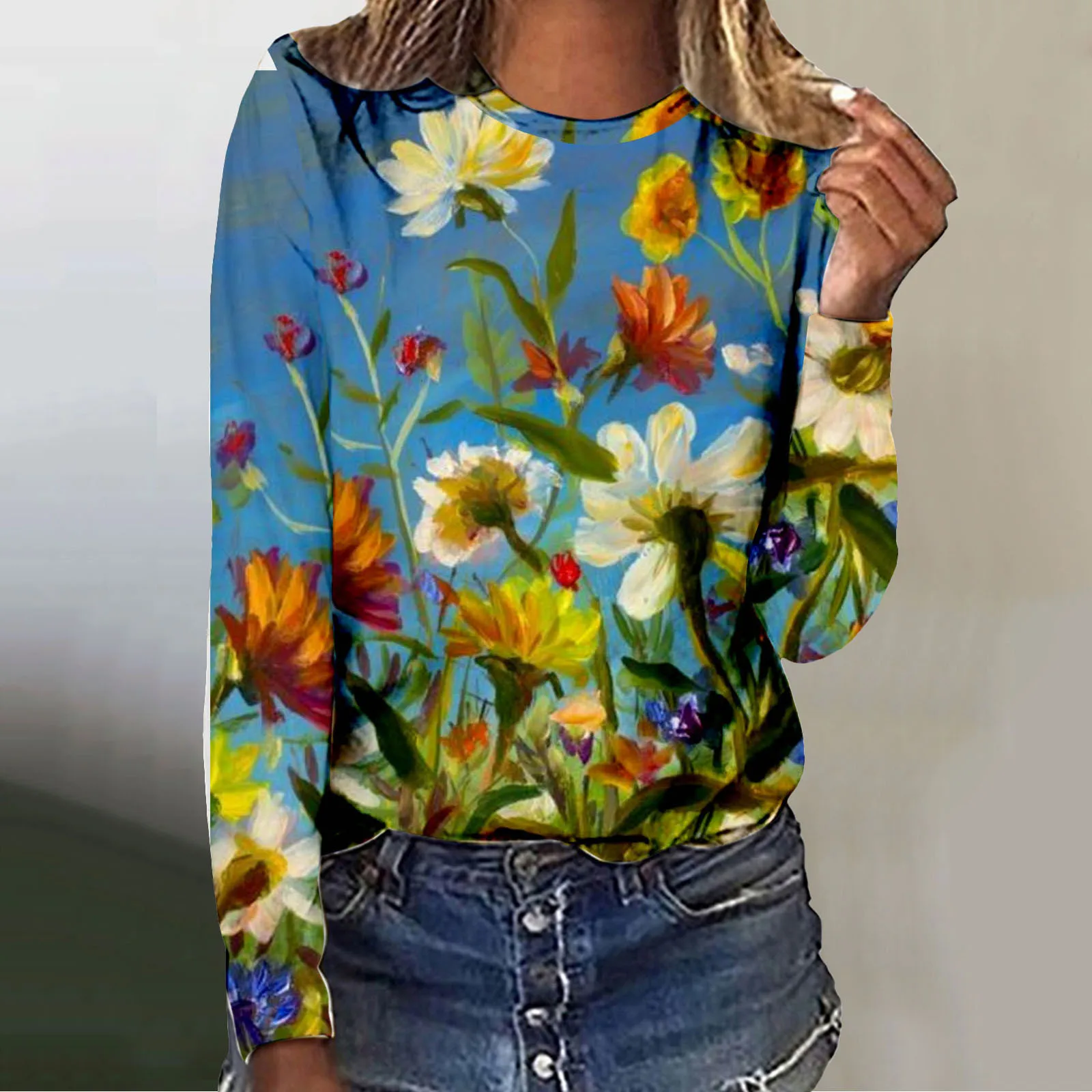 

Женская Летняя Повседневная рубашка с длинным рукавом и круглым вырезом