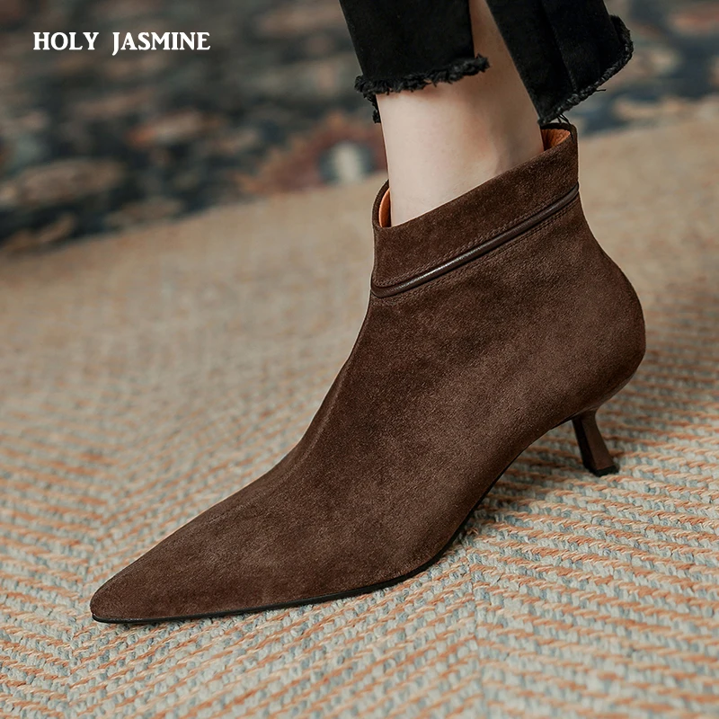 

Женские замшевые ботильоны из натуральной овечьей кожи, осенне-зимняя обувь на тонком высоком каблуке, женская обувь для взрослых, Офисная Женская обувь с острым носком, новинка 2023