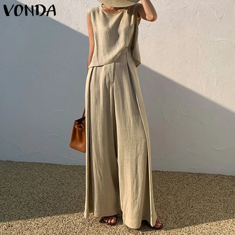 

VONDA 2022 Summer Women Vintage Matching Sets Solid Pant Sets Sexy Sleeveless Tanks Tops And Wide Leg Long Trouser Fashion Pants