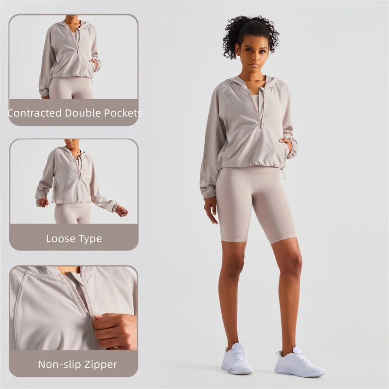 

LULU YOU WANT Women Thin Coat Sun Protection Clothes Fast Dry Fitness Sportswear Double Pocket Zipper Loose Yoga Top