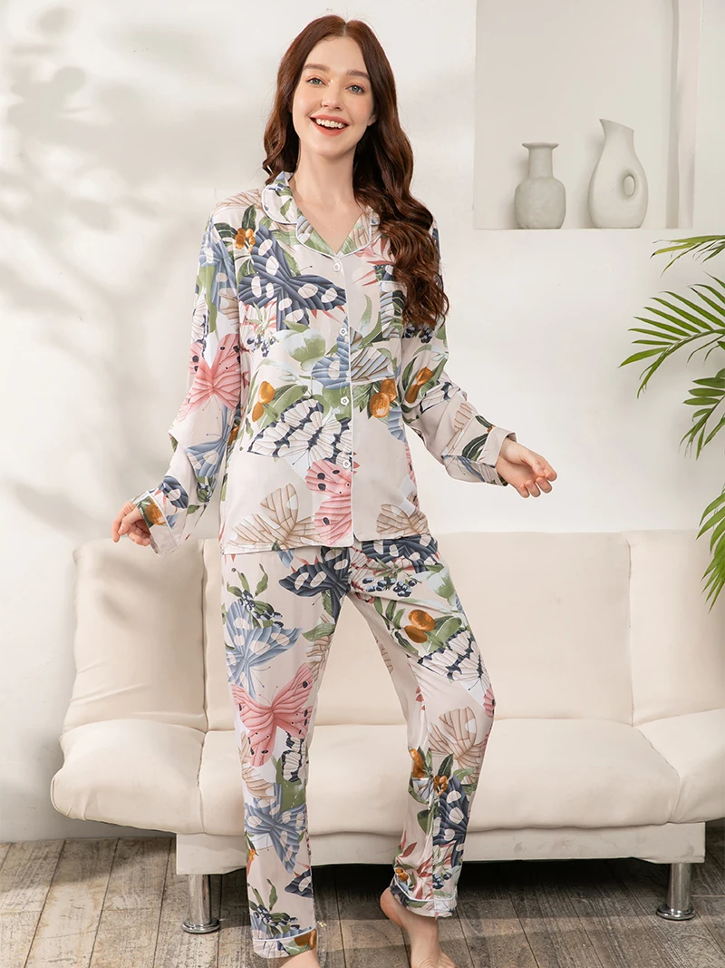 Women Plus Size S-3XL New 100% Viscose Pajamas Set Long -Sleeved Trousers Ladies Pajamas Suit  Nightwear Suit Sleepwear Pijama