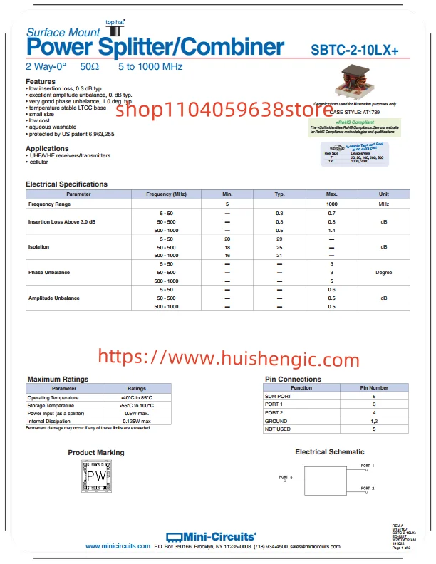 SBTC-2-10LX+ Делитель мощности RF/комбайнер Изоляция от 5 МГц до 1 ГГц (мин) 20 дБ ° Imbalance ()