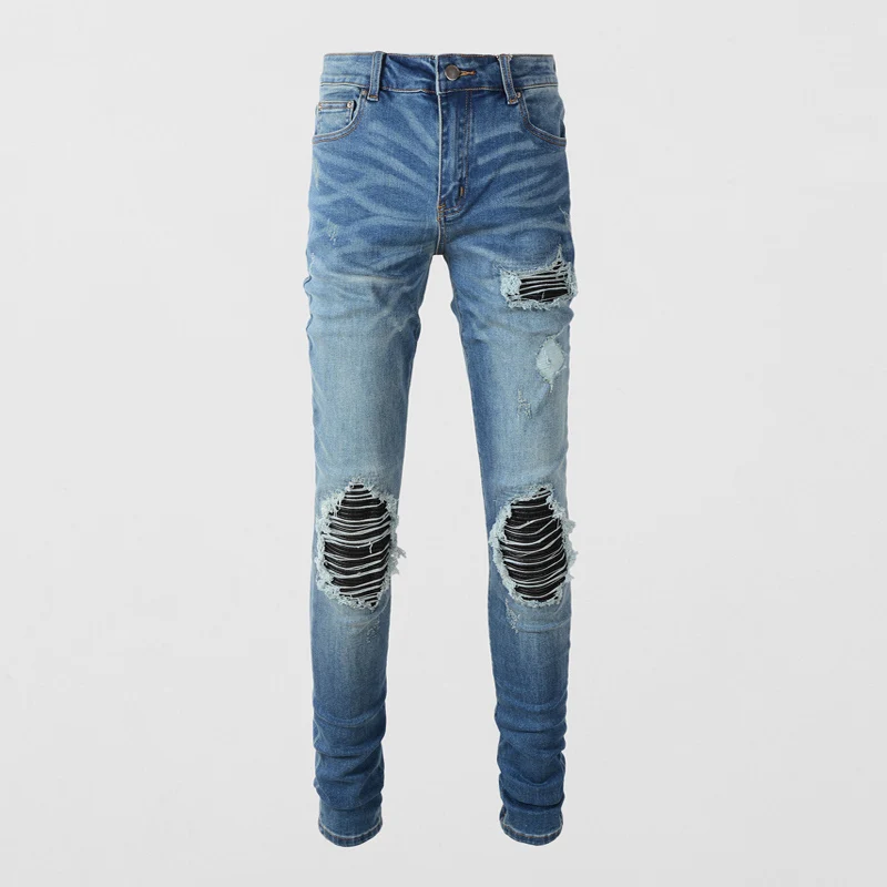 Джинсы мужские Стрейчевые в стиле ретро, модные рваные джинсы Slim Fit, синие дизайнерские брендовые штаны с заплатками в стиле хип-хоп