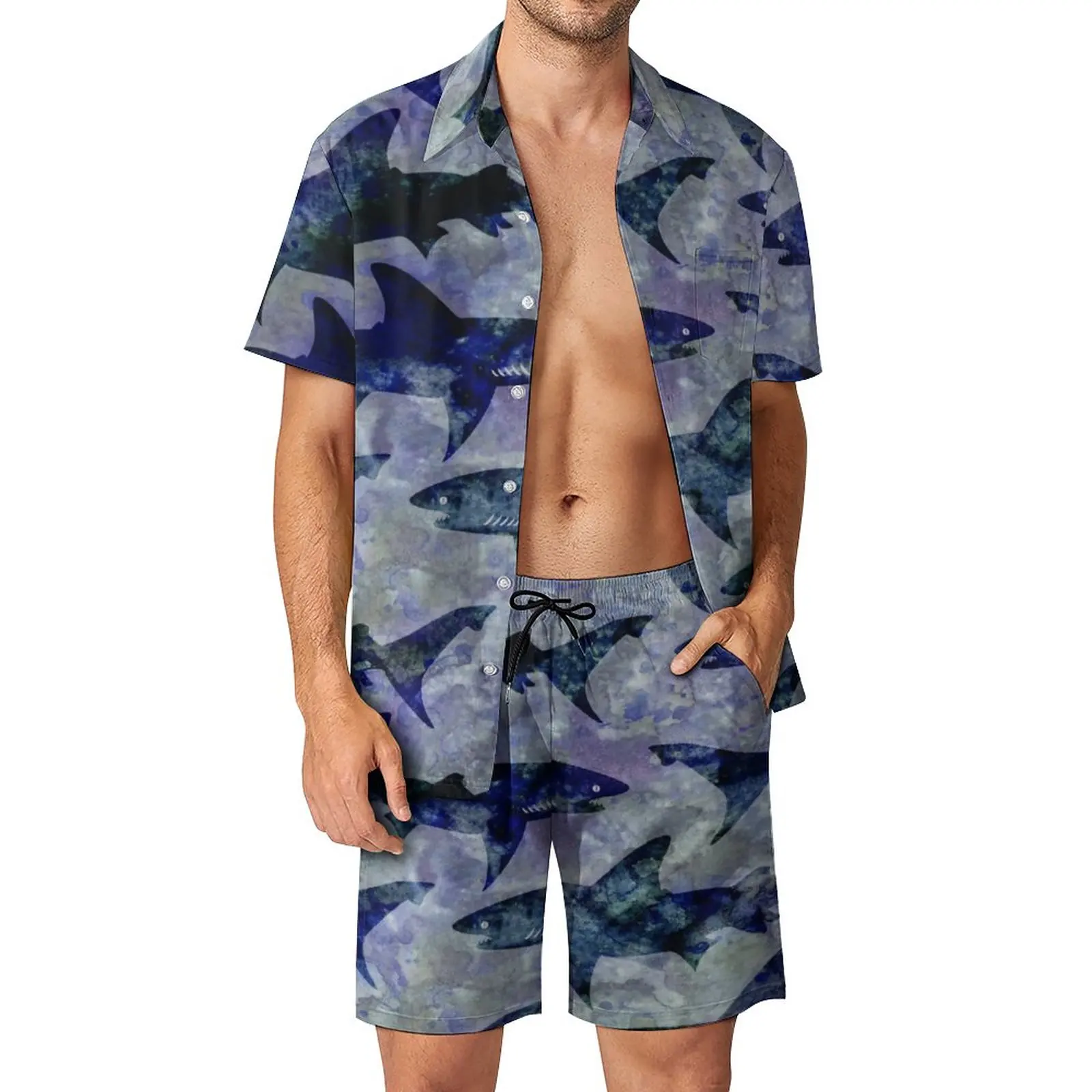

Great White Shark Men Sets Funny Animal Print Hawaii Casual Shirt Set Short-Sleeve Graphic Shorts Summer Vacation Suit Plus Size