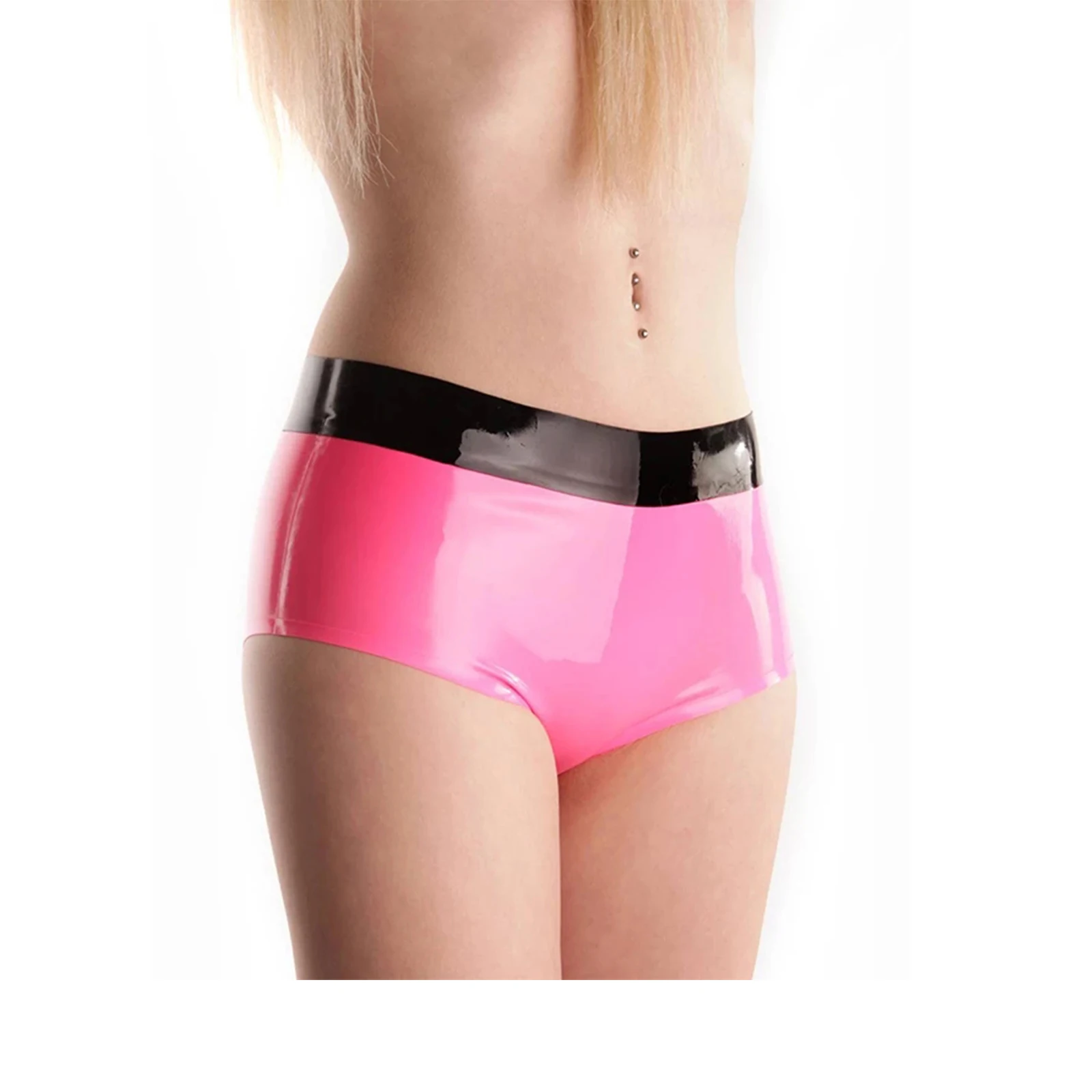 

Women Latex Rubber Shorts Underwear Pink with Black Briefs Knickers Cosplay Custom Made