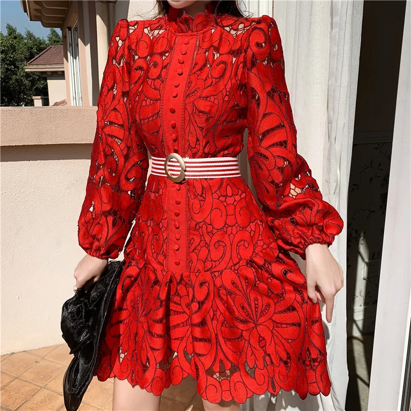 

Vintage Hollow Out Lace Floral Embroidery Dress Spring Autumn Women Stand Collar Lantern Sleeve High Waist Sashes Short Dresses
