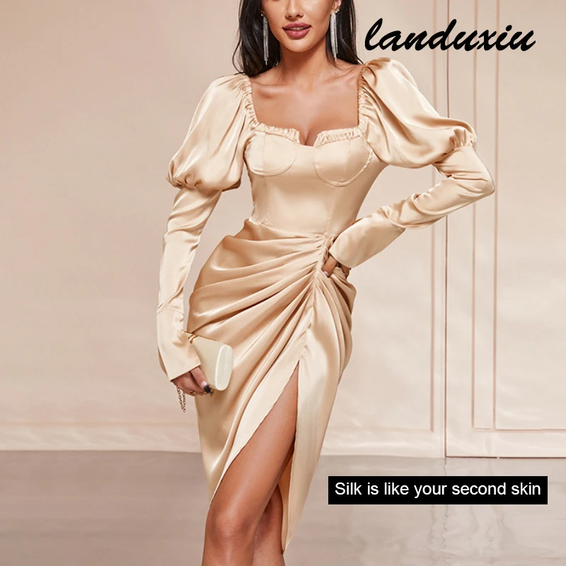 

Landuxiu Autumn New Sexy Satin Bubble Sleeve Square Neck Waist Tucked High Split long Sleeve Party Dinner Dress