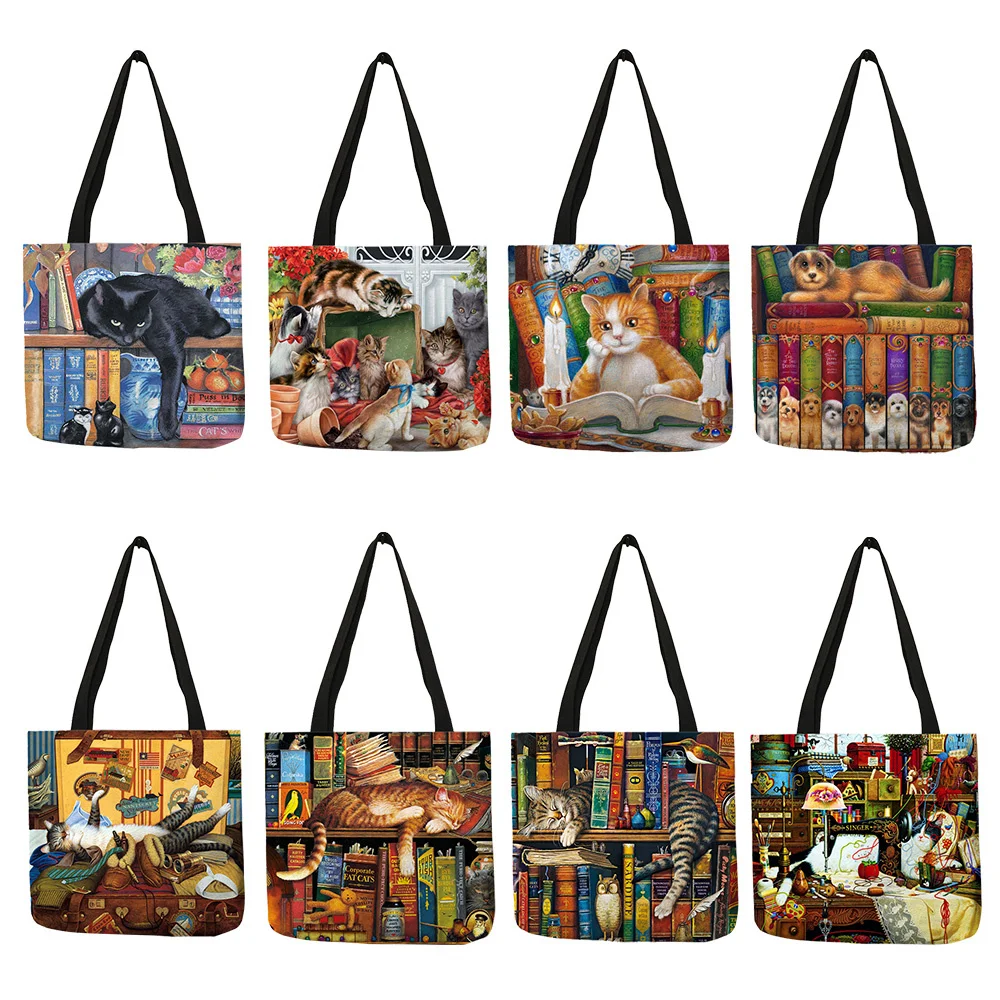 

Customize Oil Painting Cat Print Womens Designer Tote Bags Linen Reusable Shopping Bag For Groceries Shoulder Bags for Lady 2022