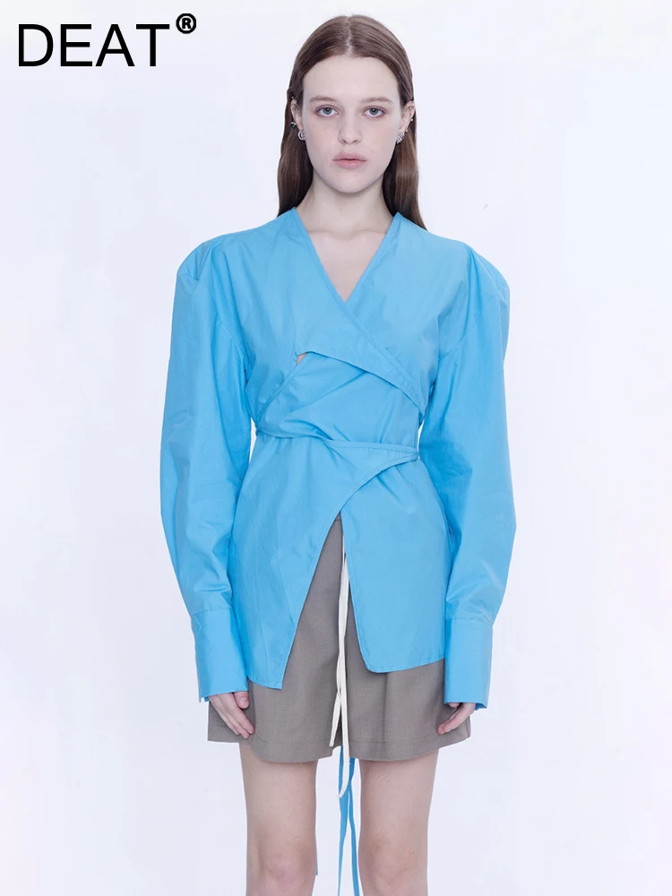 

DEAT Fashion Women's Irregular Shirt V-neck Cross Bandage Waist Long Sleeve Blue White Yellow Thin Blouse Summer 2023 New CP0418
