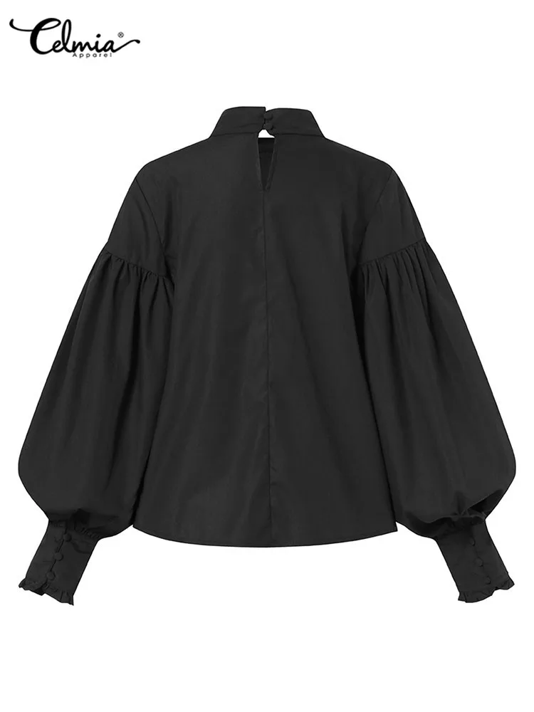 Celmia Women Big Lantern Sleeve White Shirt Elegant Streetwear Party Blouse 2022 Fashion Stand Collar Casual Loose Blusas Tops